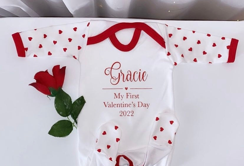 First Valentines Day Heart print personalised baby grow and pyjamas