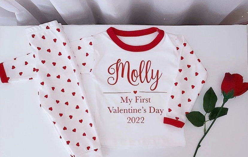 First Valentines Day Heart print personalised baby grow and pyjamas