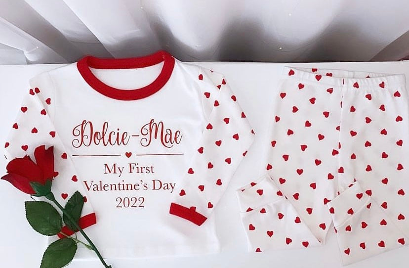 First Valentines Day Heart print personalised baby grow and pyjamas