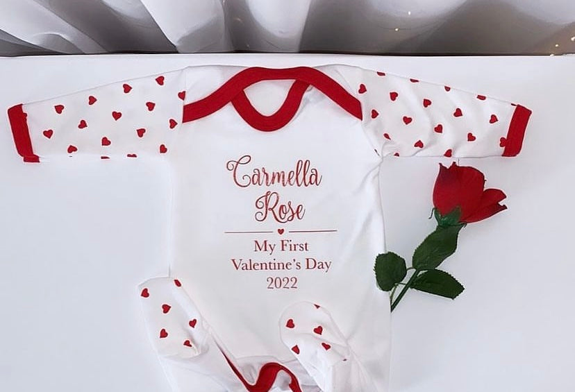 First Valentines Day Heart print personalised baby grow and pyjamas