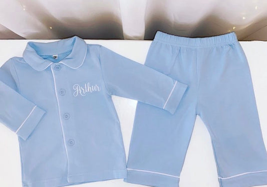 Personalised Blue button up birthday pyjamas