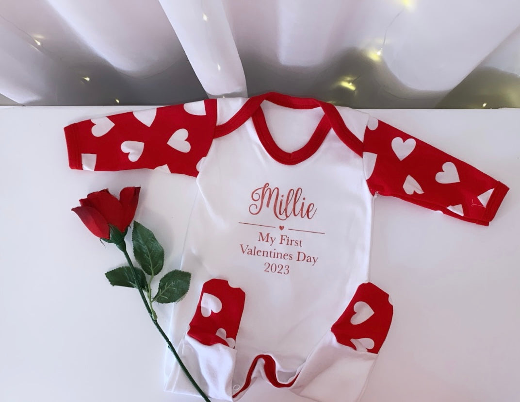 Red First Valentines Day Heart print personalised baby grow and pyjamas