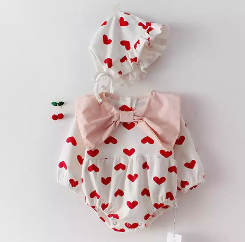 Valentines Day Romper and matching bonnet